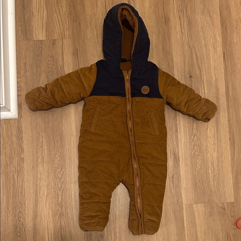 Brown and Blue Hooded Baby Snowsuit